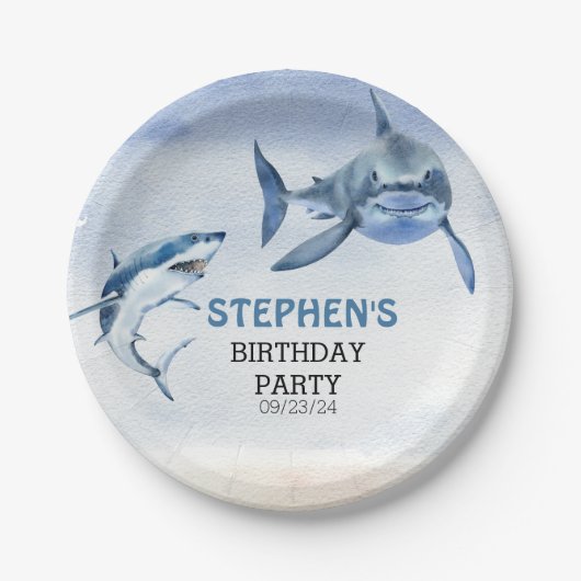 Jawsome Great White Shark Birthday Waterverf Papieren Bordje (Voorkant)