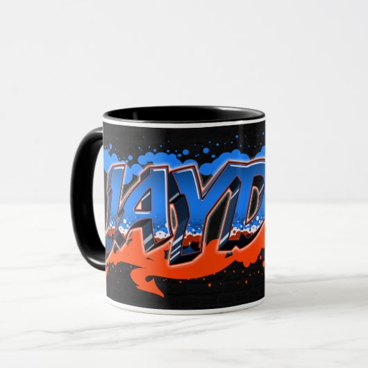 Jayden Vorname Name Graffiti blue orange Tasse Mok (Voorkant links)