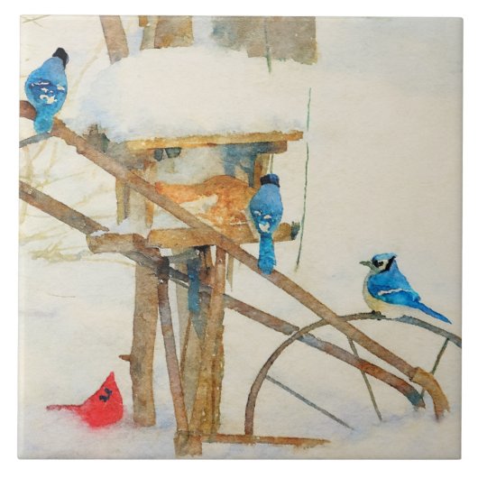 Jays and a Cardinal Sharing Winter Breakfast Tegeltje (Voorkant)