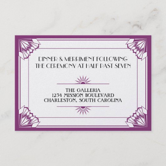 Jazz Age paarse art deco bruiloftsreceptie Informatiekaartje (Voorkant)