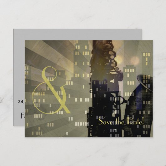 Jazz Age Saxofoon City Skyline Bruiloft Set Aankondigingskaart (Voorkant / Achterkant)