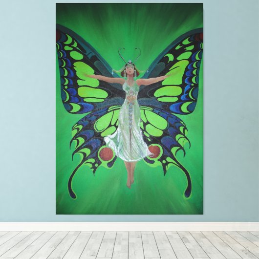 Jazz Age Showgirl Flapper Wearing Butterfly Wings Canvas Afdruk (Insitu (Houten vloer))