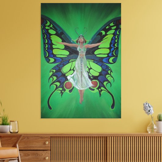 Jazz Age Showgirl Flapper Wearing Butterfly Wings Canvas Afdruk (Insitu (Woonkamer))