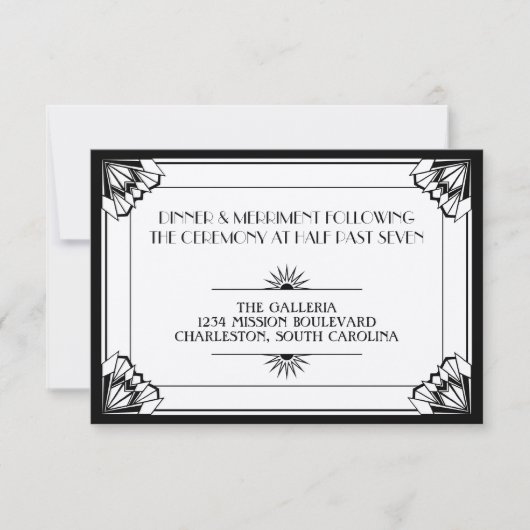 Jazz age zwart art deco bruiloftsreceptie kaart (Voorkant)