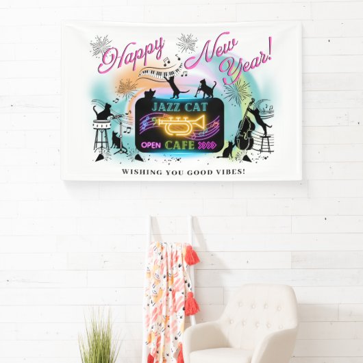 Jazz Cat Cafe Nieuwjaarsbanner Spandoek (Insitu)