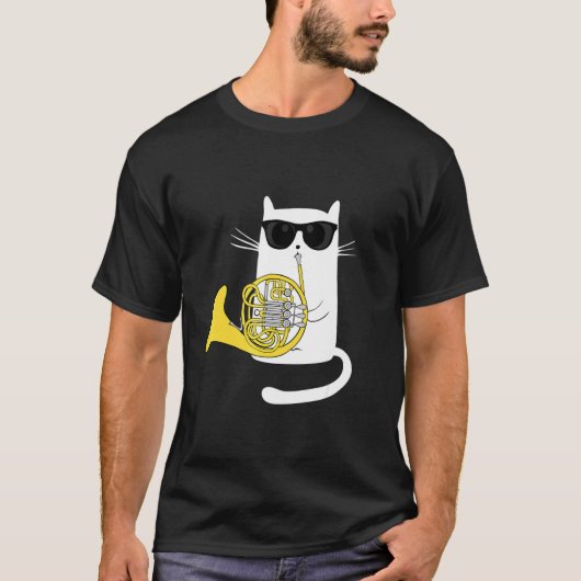 Jazz Cat Playing French Horn Hippy Hipster Kitty T-shirt (Voorkant)