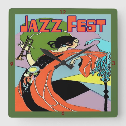 Jazz Fest Art Decco Clock Vierkante Klok (Voorkant)
