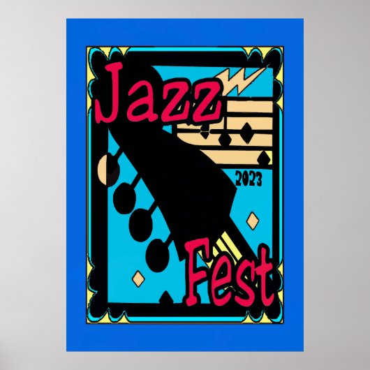 Jazz Fest Gitaar in Blauwe Poster (Voorkant)