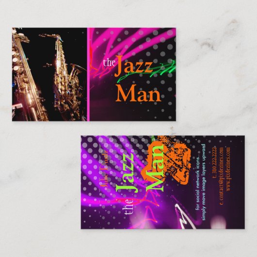 Jazz-Man, stijlvolle neonverlichting/fluorescerend Visitekaartje (Voorkant / Achterkant)