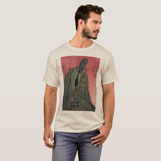 Jazz Midnight saxofonist basic tan t-shirt (Voorkant volledig)