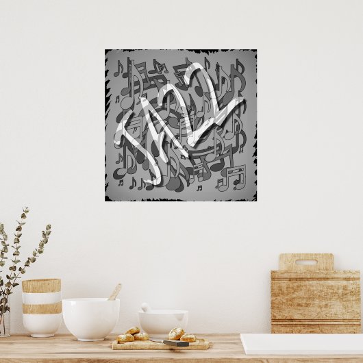 Jazz Music Pattern Dansende Swirling Notes BW Poster (Keuken)