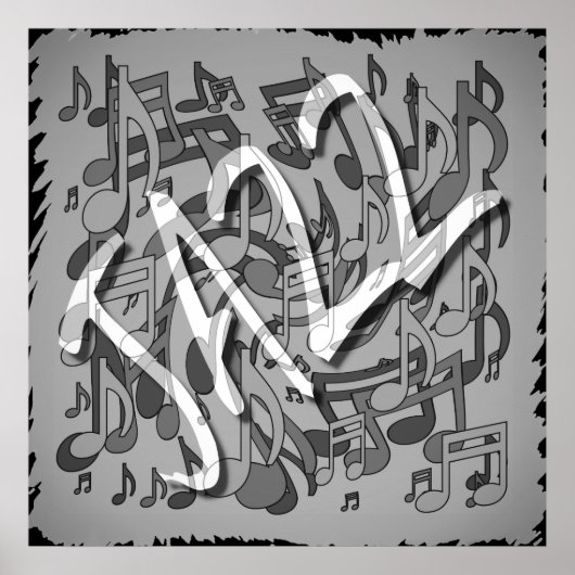 Jazz Music Pattern Dansende Swirling Notes BW Poster (Voorkant)