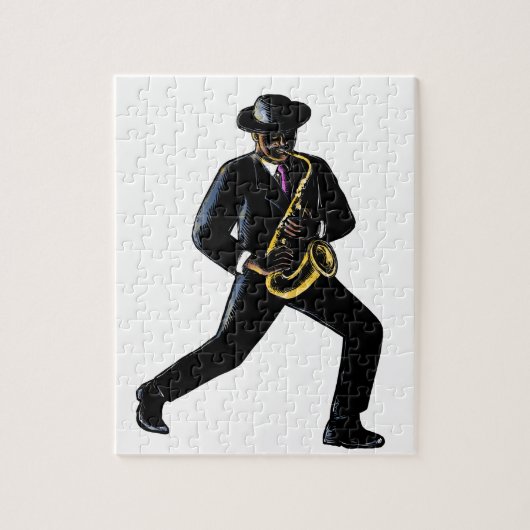 Jazz Musicien die Saxophone scratchboard spelen Legpuzzel (Verticaal)