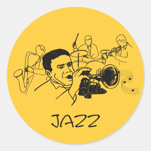 JAZZ musicus met trompet en muzieknoten Ronde Sticker (Voorkant)