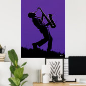 Jazz Saxofonist Poster – Zwart Silhouet op Purp (Thuiskantoor)
