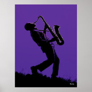 Jazz Saxofonist Poster – Zwart Silhouet op Purp