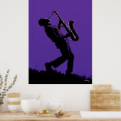 Jazz Saxofonist Poster – Zwart Silhouet op Purp (Keuken)