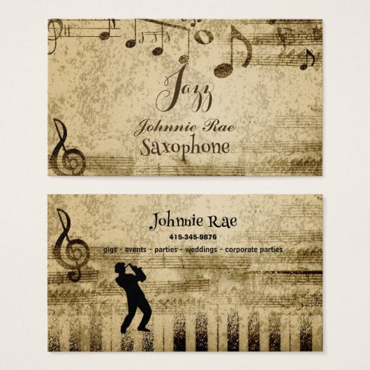 Jazz saxofoon bladmuziek te huur visitekaartje (Voorkant /achterkant)