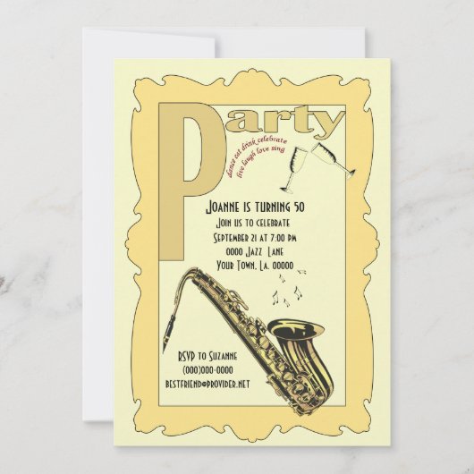 Jazz Saxophone Party Invitation Kaart (Voorkant)