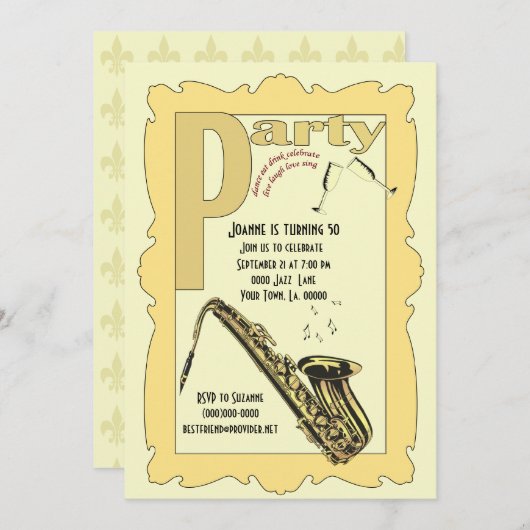 Jazz Saxophone Party Invitation Kaart (Voorkant / Achterkant)