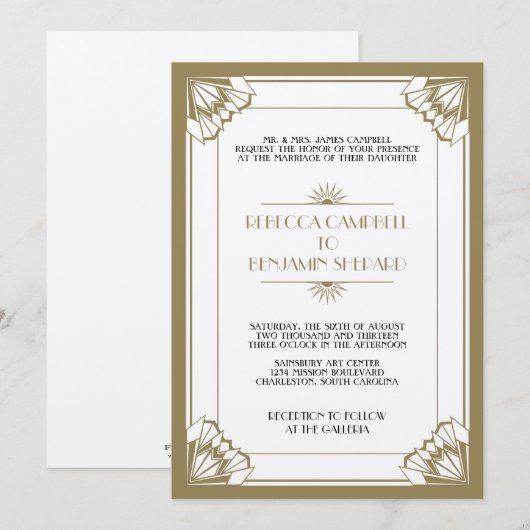 Jazz, taupe geometric art deco bruiloft kaart (Voorkant / Achterkant)