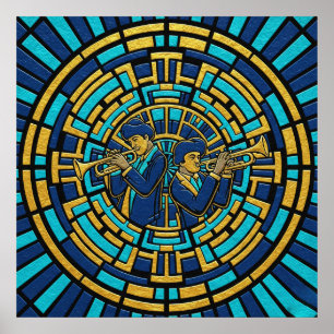 Jazz Trompetters Poster Blauw en Goud Glas in Lood