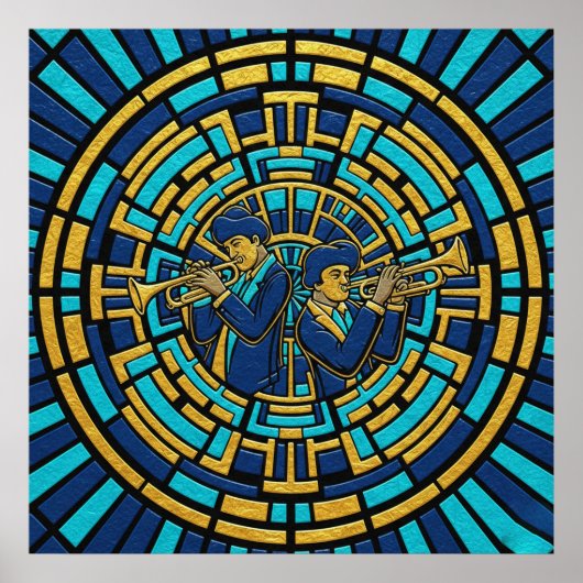 Jazz Trumpeters Poster Blue and Gold Stained Glass (Voorkant)