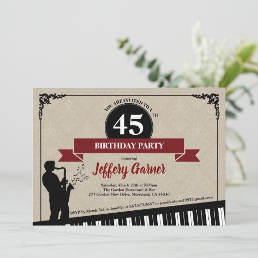 Jazz verjaardagsfeest uitnodiging Muziek thema vol (Staand voorkant)