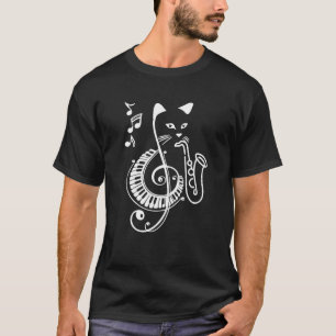 Jazzkat die saxofoon piano vioolsleutel muziek spe t-shirt