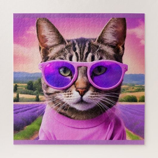 Jazzy cat - lavendelveld legpuzzel (Verticaal)
