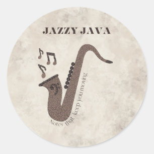 Jazzy Java-Coffee Beans-Saxofoon- Ronde Sticker