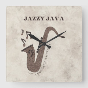 Jazzy Java-Coffee Beans-Saxofoon- Vierkante Klok