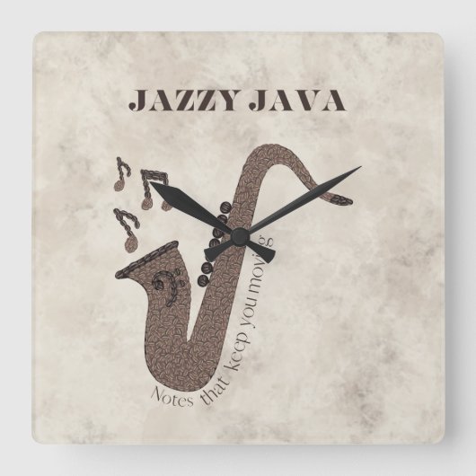 Jazzy Java-Coffee Beans-Saxofoon- Vierkante Klok (Voorkant)