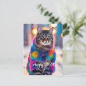 Jazzy Kat in bontjas - Happy 2024 Feestdagenkaart (Staand voorkant)