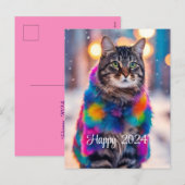 Jazzy Kat in bontjas - Happy 2024 Feestdagenkaart (Voorkant / Achterkant)