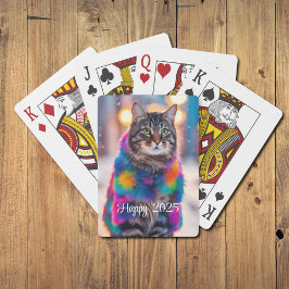 Jazzy Kat in bontjas - Happy 2025 Pokerkaarten