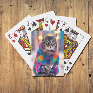 Jazzy Kat in bontjas - Happy 2025 Pokerkaarten