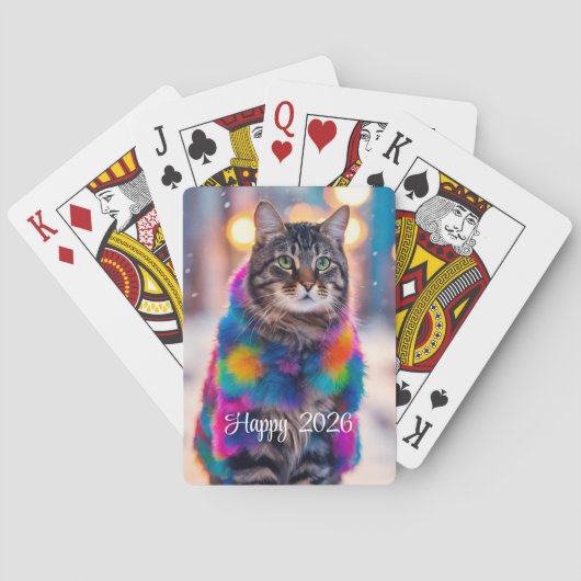Jazzy Kat in bontjas - Happy 2025 Pokerkaarten (Achterkant)