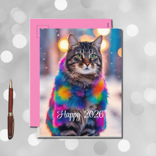 Jazzy Kat in bontjas - Happy 2026 Feestdagenkaart
