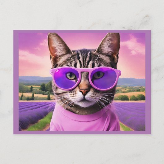 Jazzy kat - lavendelveld feestdagenkaart (Voorkant)