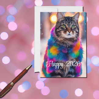 Jazzy Kitty in bontjas - Gelukkig 2026 Feestdagenkaart