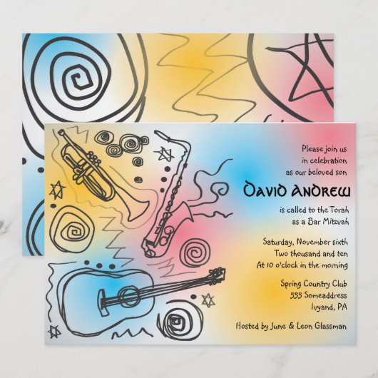 Jazzy Musical Bar Bat Mitzvah Uitnodiging (Voorkant / Achterkant)