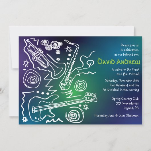 Jazzy Musical Bar Bat Mitzvah Uitnodiging (Voorkant)