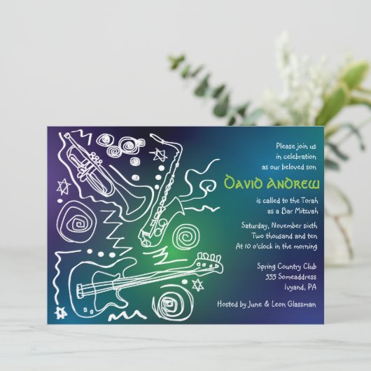 Jazzy Musical Bar Bat Mitzvah Uitnodiging (Staand voorkant)