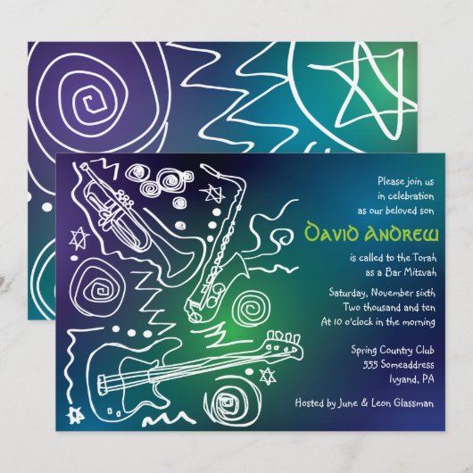 Jazzy Musical Bar Bat Mitzvah Uitnodiging (Voorkant / Achterkant)