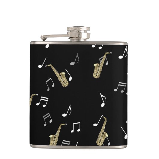 Jazzy Saxophone en Musical Notes Heupfles (Voorkant)