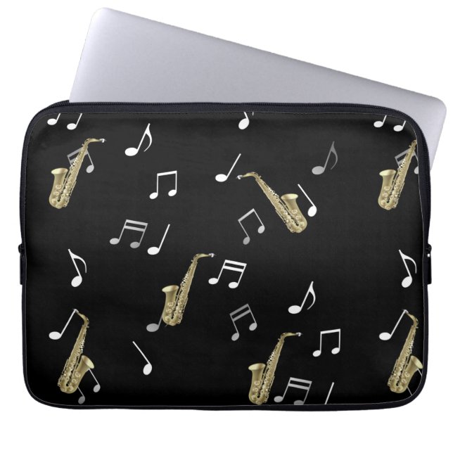 Jazzy Saxophone en Musical Notes Laptop Sleeve (Voorkant)