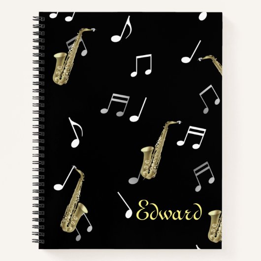 Jazzy Saxophone en Musical Notes Notitieboek (Voorkant)