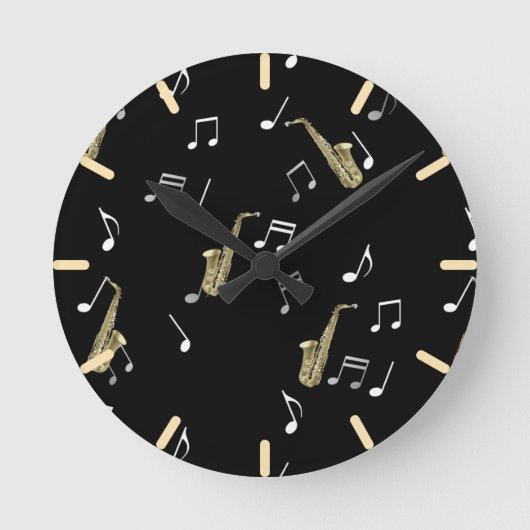 Jazzy Saxophone en Musical Notes Ronde Klok (Voorkant)