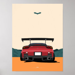 JDM Red RX-7 Rear View Racing Car Illustration Art Poster